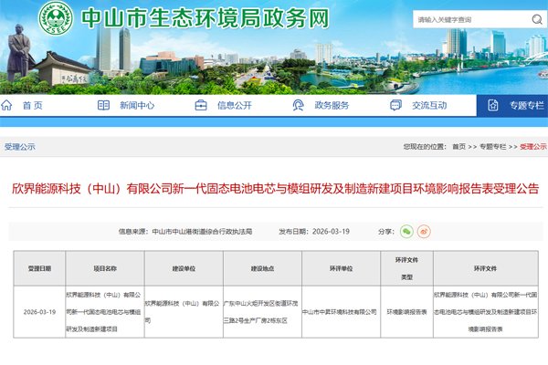 1.6亿！欣界能源广东中山固态锂电池项目公示