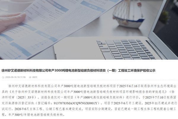 3.6亿元!江苏徐州年产3000吨新型硅碳负极材料项目有新进展
