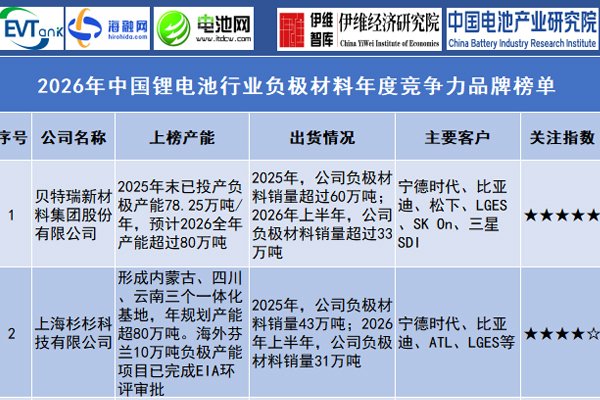 2026年中国锂电池行业负极材料年度竞争力品牌榜单