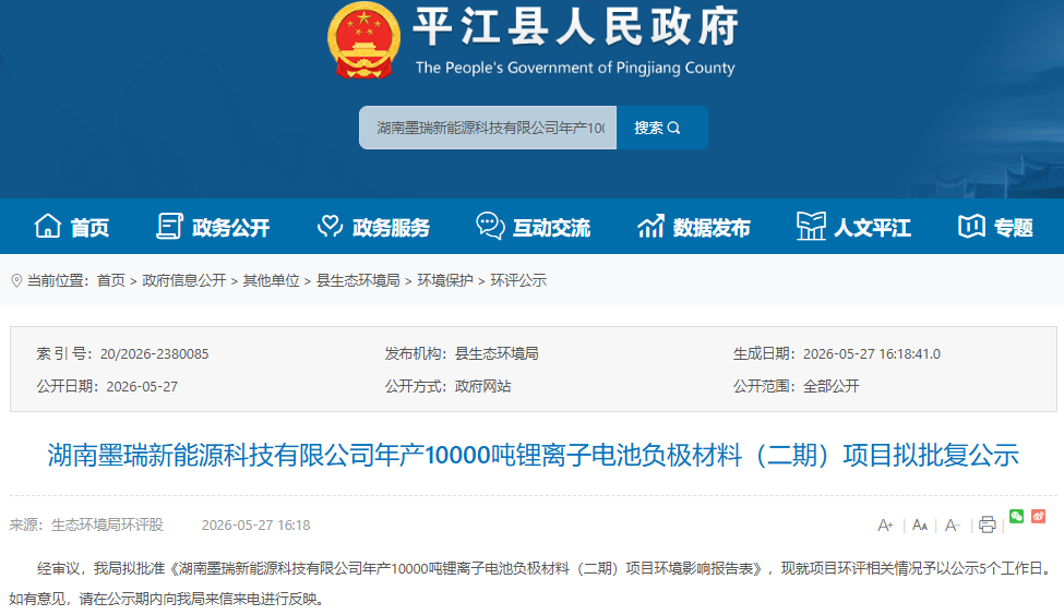 年产10000吨！湖南岳阳一负极材料项目有新进展