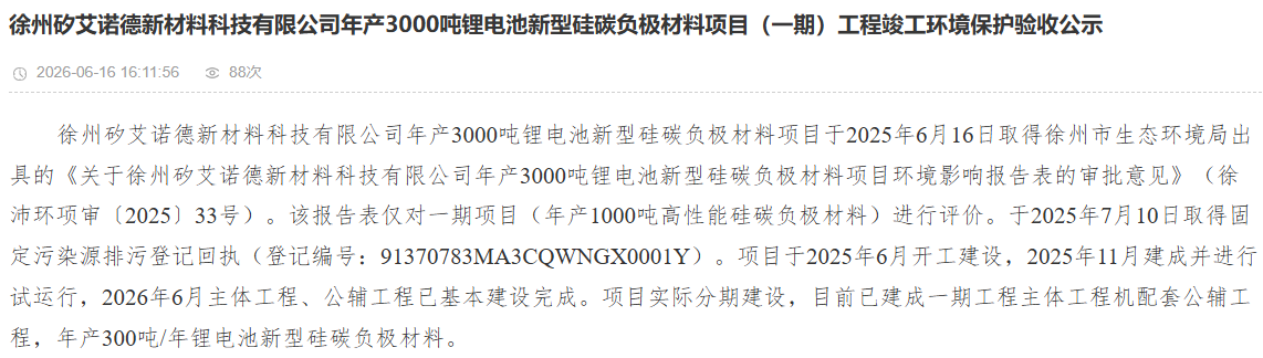 3.6亿元!江苏徐州年产3000吨新型硅碳负极材料项目有新进展 3.6亿元!江苏徐州年产3000吨新型硅碳负极材料项目有新进展