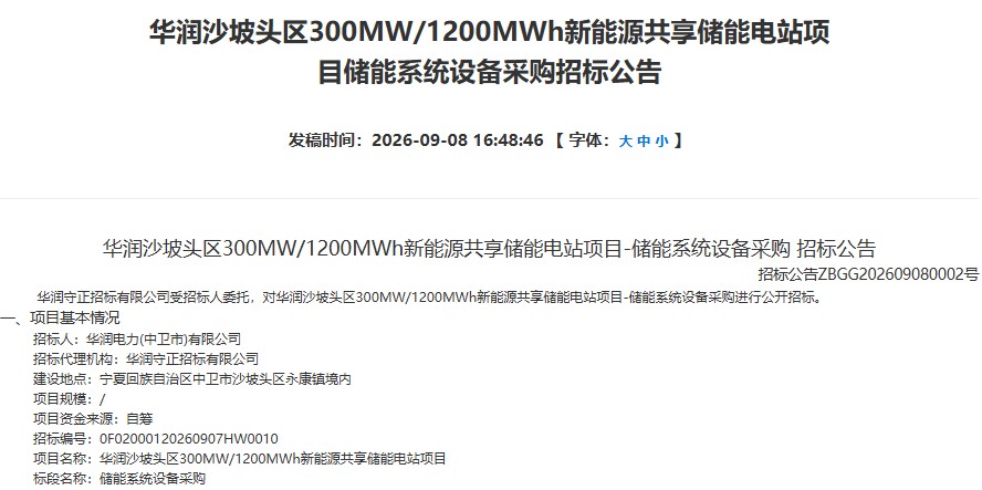 华润沙坡头区300MW/1200MWh新能源共享储能电站项目储能系统设备采购招标 华润沙坡头区300MW/1200MWh新能源共享储能电站项目储能系统设备采购招标