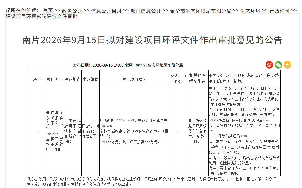 超19亿元！横店东磁拟于浙江东阳投建10GWh全极耳锂电池项目